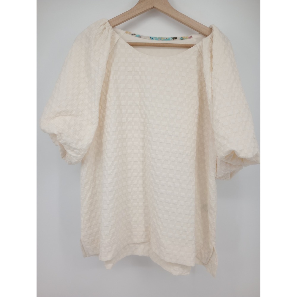Unknown Brand Puff Sleeve Blouse Women L Cream Textured Check Round Neck